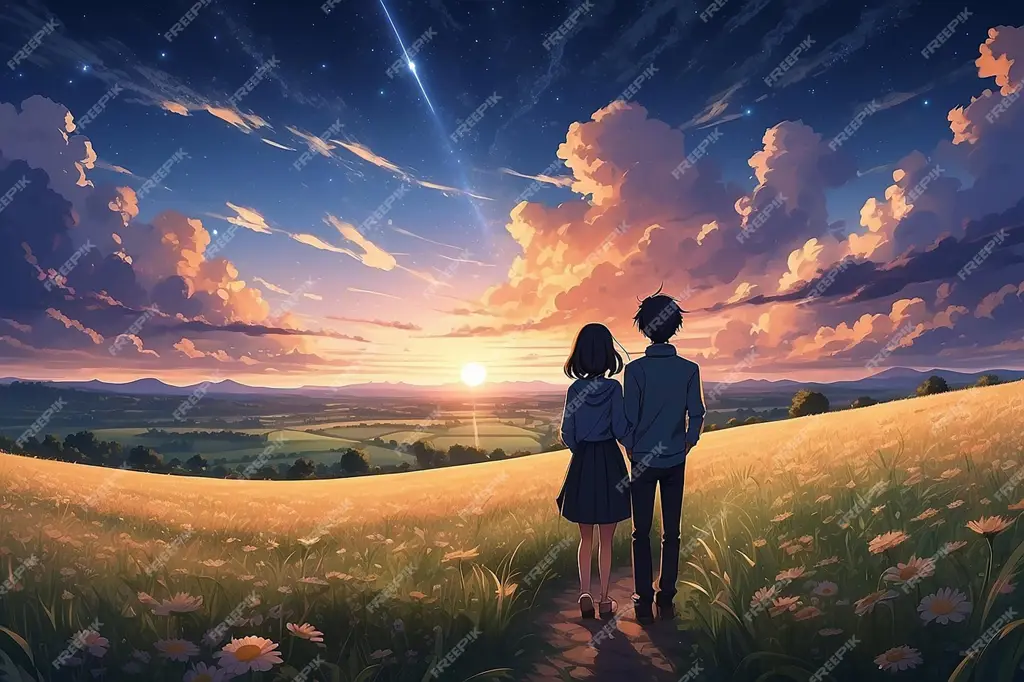Momen romantis saat matahari terbenam Pasangan anime menonton matahari terbenam